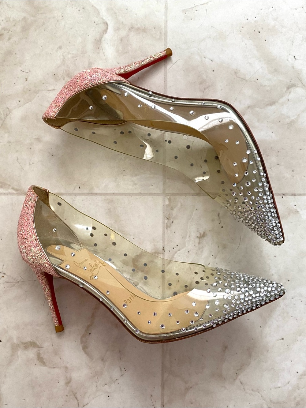 $1495 Christian Louboutin Degrastrass PVC Crystal Pink Glitter Pumps Heels 6/36